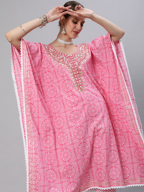 

Ishin Women Pink Ethnic Motifs Printed Regular Thread Work Pure Cotton Kurta with Trousers
