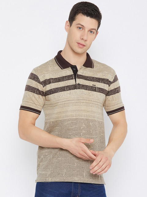 

Okane Men Brown & Beige Striped Polo Collar T-shirt