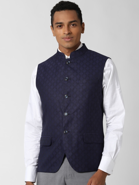 

Peter England Elite Men Navy Blue & Black Woven Design Waistcoat