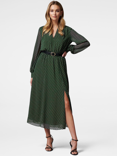 

Forever New Green Polka Dots Printed Front Slit Midi Dress