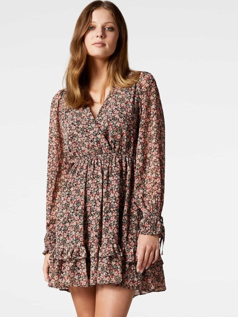 

Forever New Women Pink & Black Floral Mini Wrap Dress