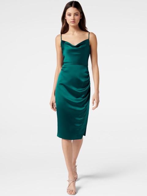 

Forever New Green Satin Cowl Neck Ruched Sheath Dress