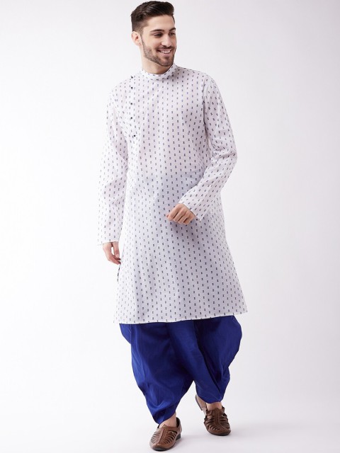 

VASTRAMAY Men White Ethnic Motifs Printed Angrakha Pure Cotton Kurta with Dhoti Pants