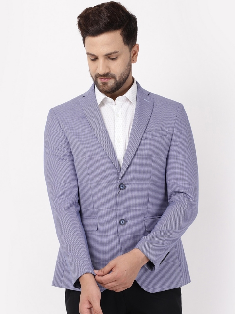 

Blackberrys Men White & Blue Checked Slim-Fit Single-Breasted Casual Blazer