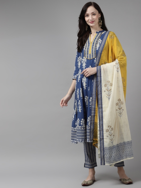 

Rain & Rainbow Women Navy Blue Ethnic Motifs Pure Cotton Kurta with Trousers & Dupatta
