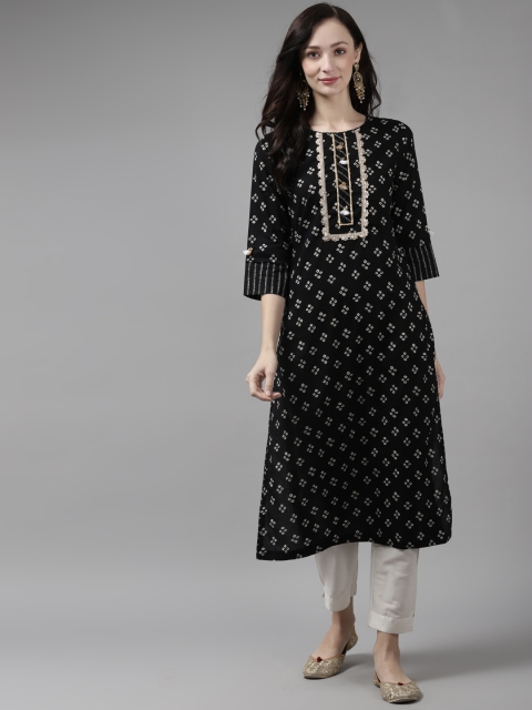 

Rain & Rainbow Women Black Bandhani Printed Gotta Patti Kurta