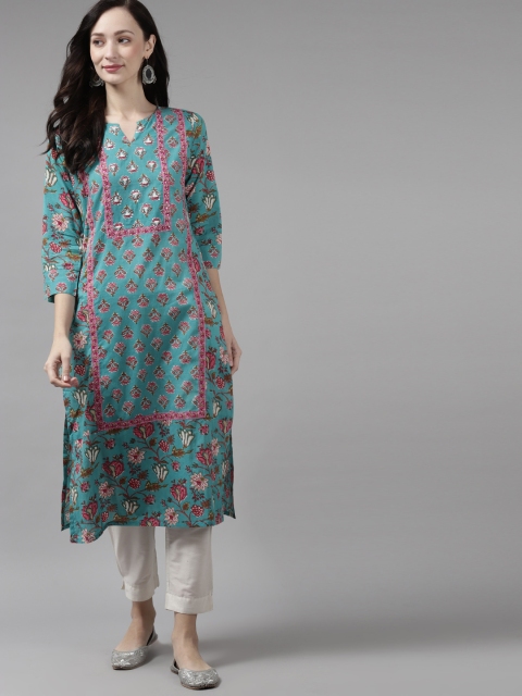 

Rain & Rainbow Women Teal Ethnic Motifs Printed Kurta