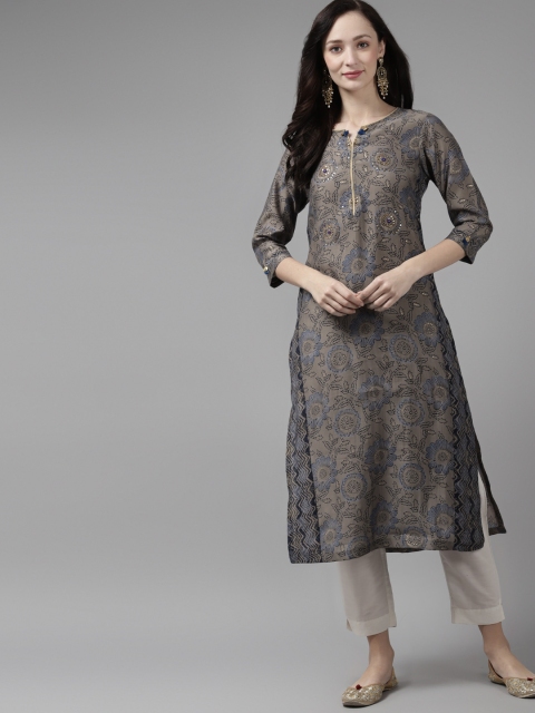 

Rain & Rainbow Women Brown & Blue Floral Printed Kurta