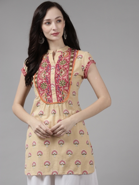 

Rain & Rainbow Cream & Magenta Ethnic Motifs Printed Sequinned Pure Cotton Kurti