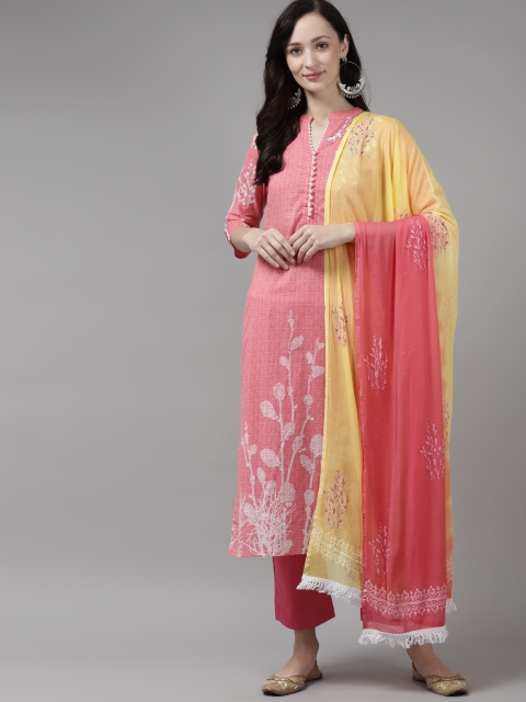 

Rain & Rainbow Women Coral Floral Printed Pure Cotton Kurta with Trousers & Dupatta