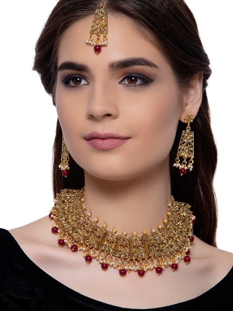 

ANIKAS CREATION Gold-Plated Stone-Studded & Beaded Jewellery Set