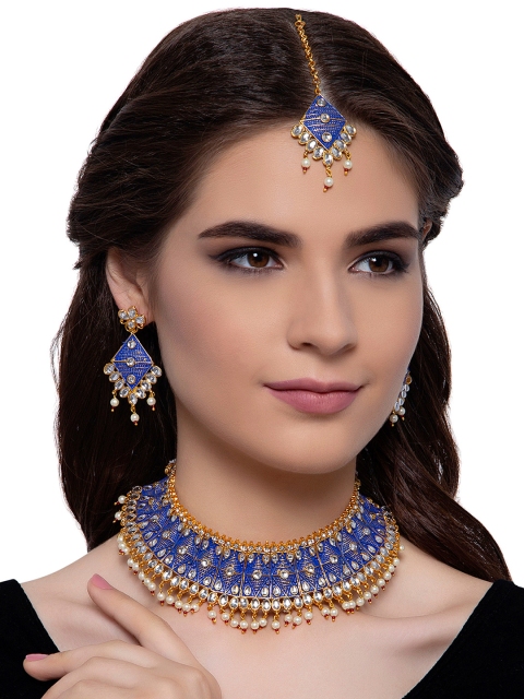 

ANIKAS CREATION Women Blue Gold Plated Hasli Necklace With Earrings Maangtika