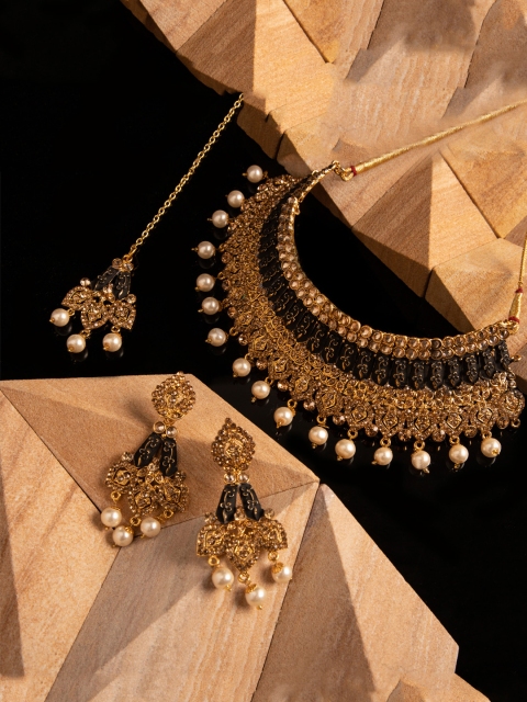 

ANIKAS CREATION Gold-Plated Black Stone-Studded & Beaded Enamelled Jewellery Set