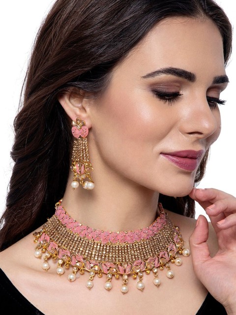 

ANIKAS CREATION Gold-Plated Red & White Beaded Enamelled Jewellery Set