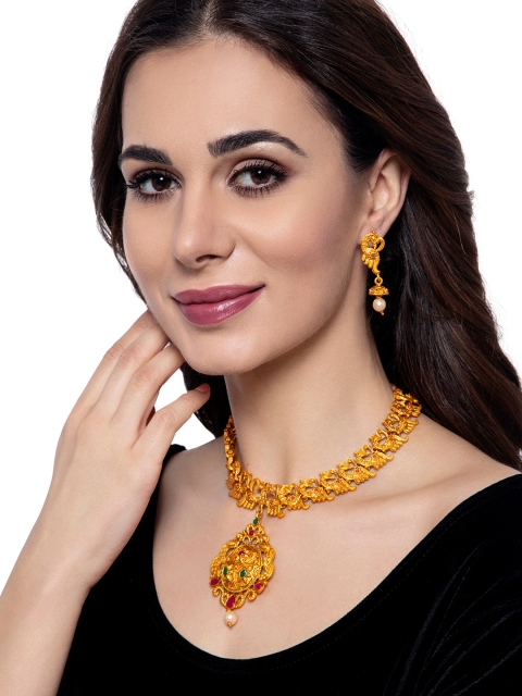 

ANIKAS CREATION Gold-Plated Pink & Green Stone-Studded & Beaded Jewellery Set
