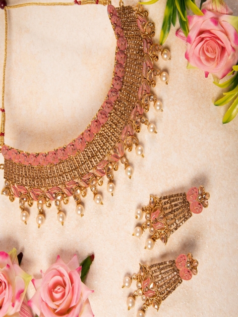 

ANIKAS CREATION Gold-Plated Stone-Studded & Beaded Enamelled Jewellery Set