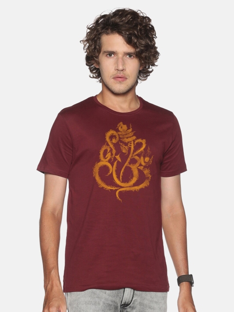 

MASH UNLIMITED Men Maroon & Mustard Yellow Printed Slim Fit T-shirt