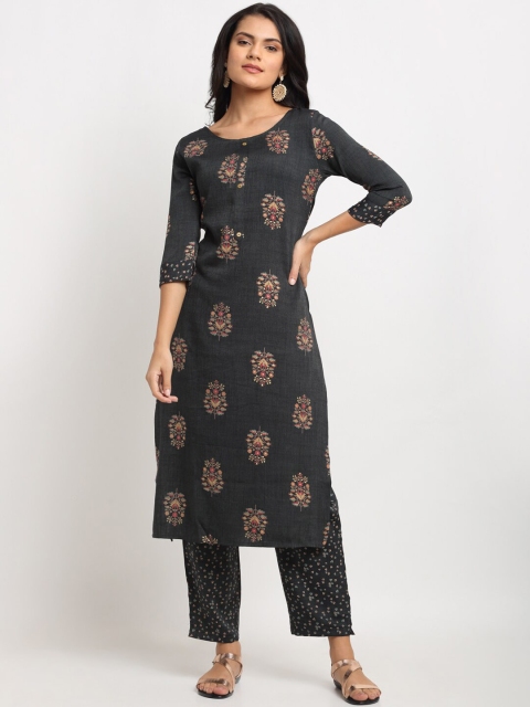 

Ardozaa Women Charcoal Grey Printed Straight Kurta with Trousers