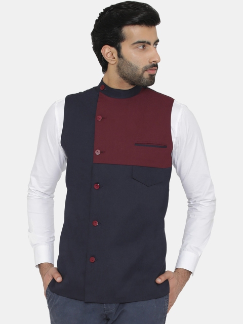 

Raas Men Navy Blue & Maroon Colourblocked Slim-Fit Waistcoat