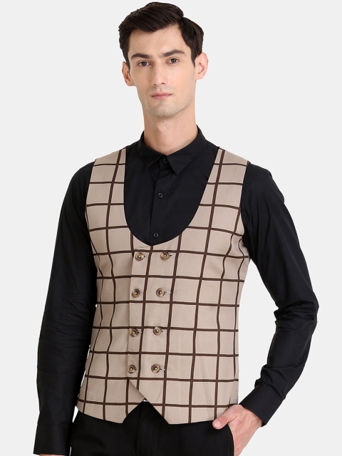 

Raas Men Beige & Brown Checked Double Breasted Waistcoat