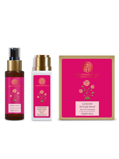 

Forest Essentials Set of Indian Rose Body Lotion With Cardamom Body Mist & Soap, Brown