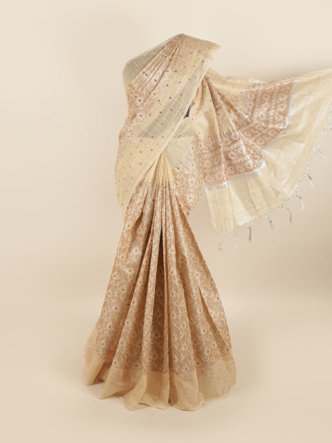 

Pothys Cream-Coloured & Beige Floral Beads & Stones Tissue Saree