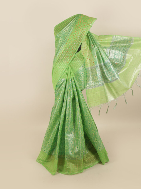 

Pothys Green & Silver-Toned Floral Printed Mirror Work Tissue Saree