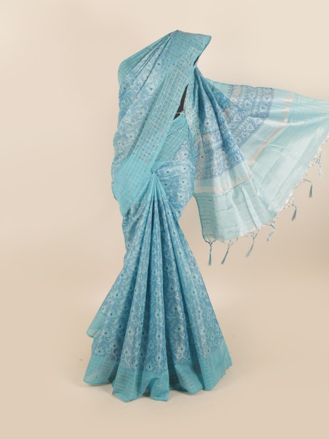 

Pothys Blue & Silver-Toned Floral Printed Mirror Work Tissue Saree