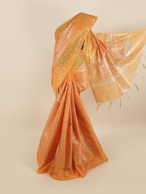 

Pothys Orange Floral Printed Mirror Work Tissue Saree