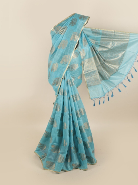 

Pothys Blue & Gold-Toned Ethnic Motifs Jute Silk Saree