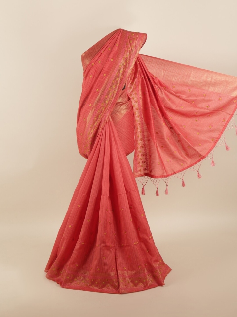

Pothys Peach-Coloured & Gold-Toned Floral Embroidered Jute Silk Saree