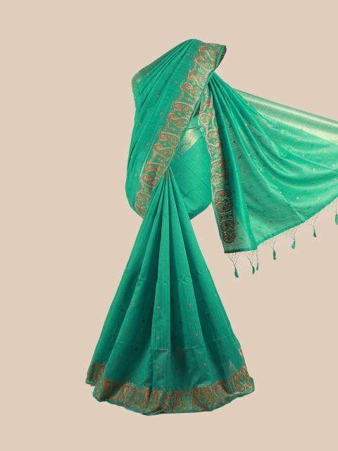

Pothys Green & Pink Floral Embroidered Jute Silk Saree