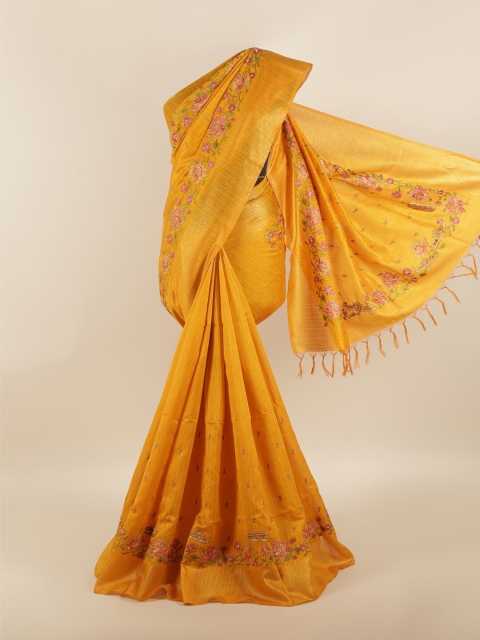 

Pothys Yellow & Pink Floral Embroidered Zari Jute Silk Saree