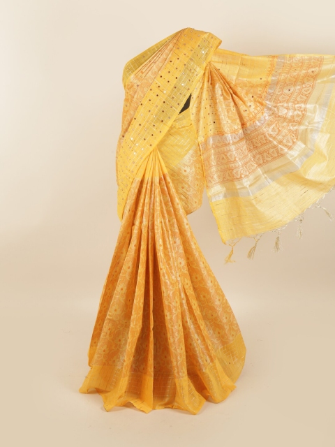 

Pothys Yellow & Gold-Toned Floral Printed Mirror Work Tissue Saree