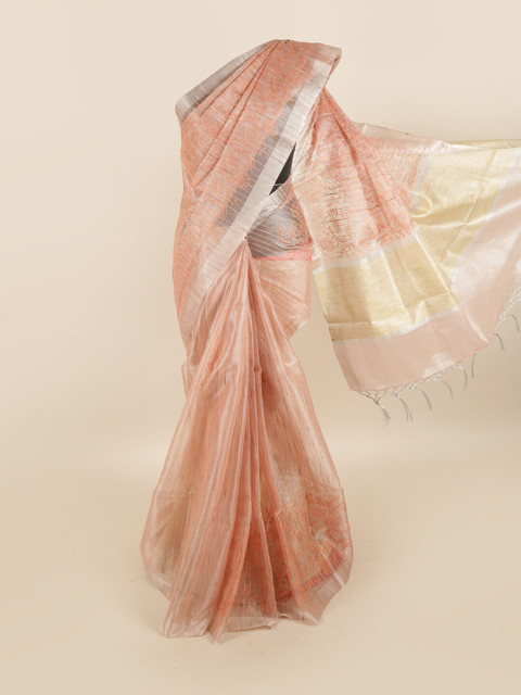 

Pothys Peach-Coloured & Gold-Toned Floral Embroidered Tissue Saree