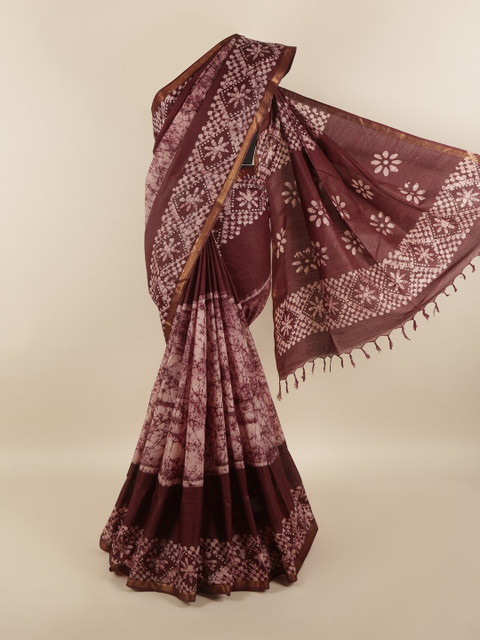 

Pothys Brown & Pink Batik Printed Zari Jute Cotton Saree