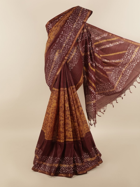 

Pothys Brown & Gold-Toned Batik Printed Zari Jute Cotton Saree