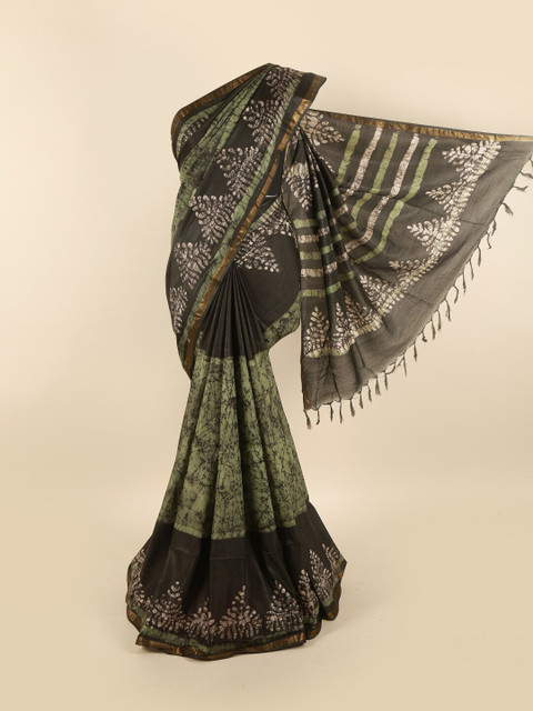

Pothys Green & Black Batik Printed Zari Jute Cotton Saree