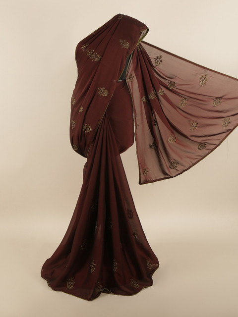 

Pothys Brown & Gold-Toned Floral Embroidered Designer Saree