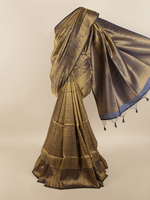 

Pothys Navy Blue & Gold-Toned Floral Zari Art Silk Saree