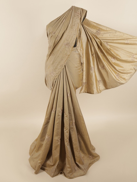 

Pothys Tan Brown & Gold-Toned Floral Embroidered Beads & Stones Designer Saree