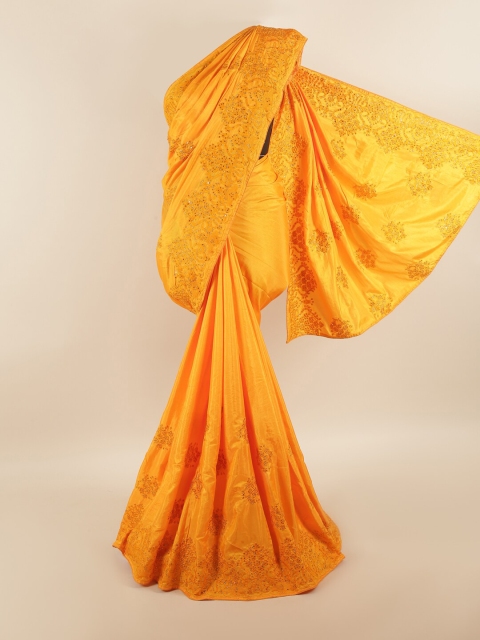 

Pothys Yellow & Gold-Toned Floral Beads & Stones Designer Saree