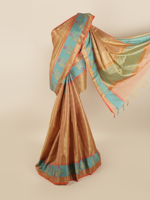 

Pothys Gold-Toned & Turquoise Blue Ethnic Motifs Zari Art Silk Saree