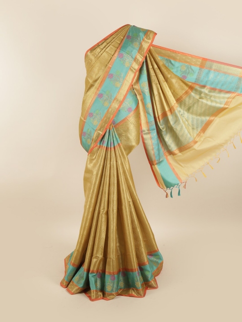 

Pothys Gold-Toned & Turquoise Blue Floral Rapier Art Silk Saree