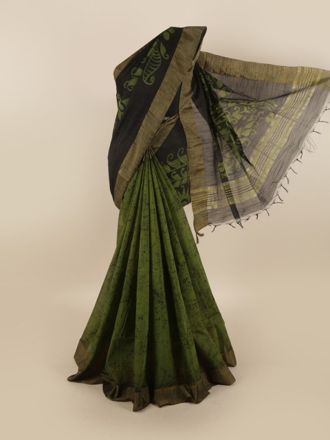 

Pothys Black & Green Floral Printed Zari Jute Cotton Saree
