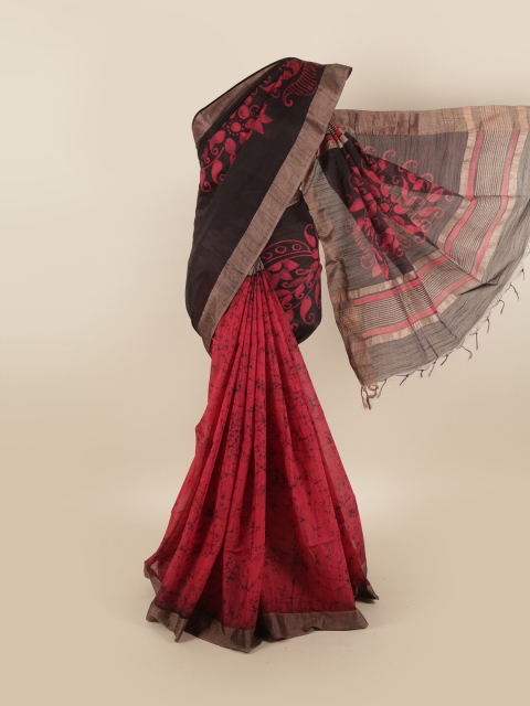 

Pothys Black & Red Floral Printed Jute Cotton Saree