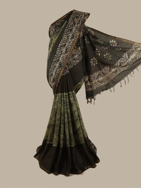 

Pothys Green & Black Batik Printed Zari Jute Cotton Saree