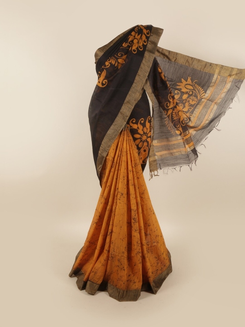 

Pothys Black & Mustard Yellow Floral Printed Jute Cotton Saree