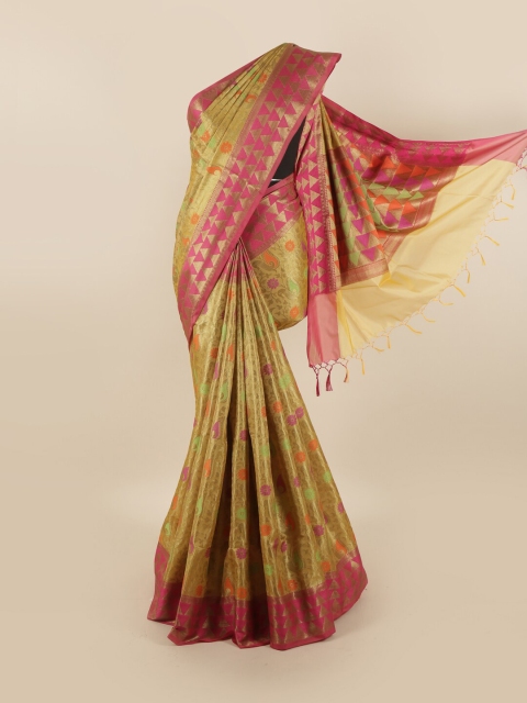 

Pothys Gold-Toned & Pink Floral Art Silk Saree