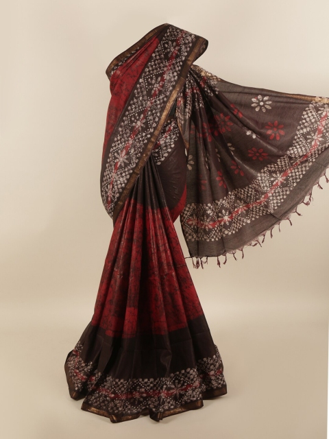

Pothys Maroon & Brown Batik Printed Jute Cotton Saree